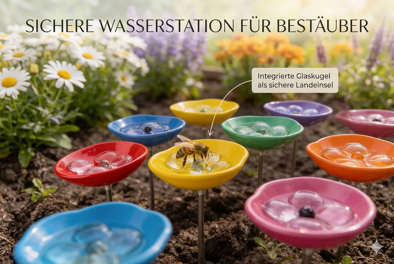Nahaufnahme von farbenfrohen, blumenförmigen Bienentränken im Garten. In den Schalen liegen gläserne Murmeln, die als Rettungsinseln fungieren, damit Bienen beim Trinken nicht untergehen können. Eine Biene sitzt sicher auf einer gelben Tränke. Das Bild enthält deutsche Hinweistexte zur Funktion der Glaskugeln als sichere Landehilfe.