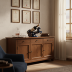 „Eleganter Weinflaschenhalter „Pferd mit Wagen" als dekoratives Highlight auf einem Sideboard in einem deutschen Büro mit Urkunden und Kristallkaraffe"